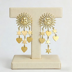 Golden 304 Stainless Steel Chandelier Earrings for Women, Sun with Star Heart, Asymmetrical Earrings, Golden, 74x30mm