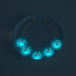 Heart Brass Charm Bracelets, Luminous Style, Glow In The Dark Jewelry for Women, Heart Pattern, 6-7/8 inch(17.5cm)