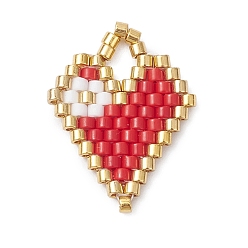 Красный Подвески в виде сердечек из бисера, подвески из стеклянных бусин с узором ткацкого станка, красные, 19x15x1.7 мм, отверстие : 3 мм