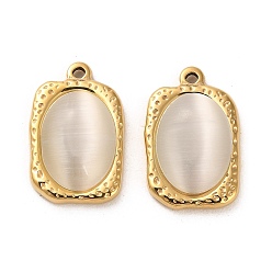 Old Lace 304 Stainless Steel Charms, with Cat Eye, Rectangle Charms, Real 14K Gold Plated, Old Lace, 23x15x6.5mm, Hole: 1.6mm