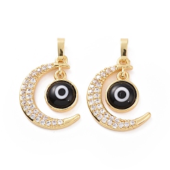 Black Brass Micro Pave Cubic Zirconia Pendants, with Handmade Evil Eye Lampwork, Crescent Moon Charm, Real 18K Gold Plated, Black, 23x16x4mm, Hole: 4x6mm