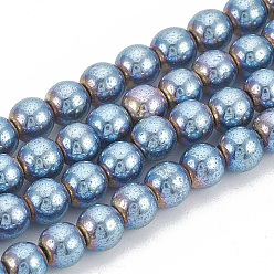 со Синим Покрытием Гальванизировать немагнитных синтетический гематит бисер пряди, круглые, с покрытием синим, 4x4 мм, отверстие : 1 мм, около 100 шт / нитка, 16.14 дюйм