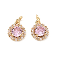 Golden Brass Micro Pave Pink Cubic Zirconia Charms, Round Charms, Golden, 12.5x10.5x4mm, Hole: 3.5mm