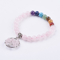 Rose Quartz Gemstone Stretch Bracelets, with Tibetan Style Pendants, Tree of Life, 2 inch(52mm)