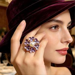 Plum Zinc Alloy Enamel Cuff Open Rings for Women, Flower, with Imitation Pearl, Golden, Plum, 25x25mm, Adjustable