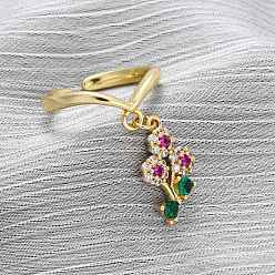 Цветок Открытые манжеты из латуни с микропаве и цирконием для женщин, стойки покрытие, прочное покрытие, без кадмия и без свинца, реальный 18 k позолоченный, цветок, 18x10.5 мм, внутренний диаметр: 17 мм