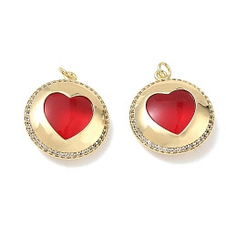 Real 18K Gold Plated Brass Micro Pave Clear Cubic Zirconia Pendants, with Red Glass, Heart Charms, Rack Plating, Long-Lasting Plated, Lead Free & Cadmium Free, Real 18K Gold Plated, 24x21x7.5mm, Hole: 3.5mm