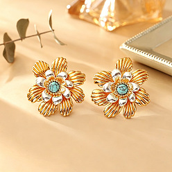 Turquoise Brass & Turquoise Stud Earrings, Flower, Golden, 30x28mm