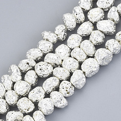 с Покрытием Серебра Гальванические бусины из натуральной лавы, самородки, со серебряным покрытием, 6~10x6~10x5~8 мм, отверстие : 1 мм, около 52~54 шт / нитка, 14.17 дюйм ~ 14.96 дюйм (36~38 см)