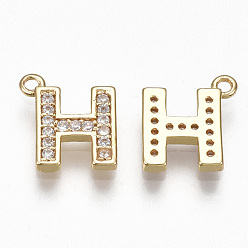 Letter H Brass Cubic Zirconia Charms, Letter, Clear, Real 18K Gold Plated, Letter.H, 10x9x1.5mm, Hole: 1mm