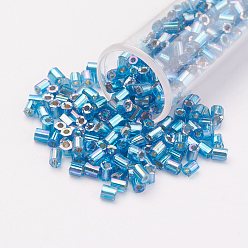 Deep Sky Blue 11/0 Two Cut Round Hole Glass Seed Beads, Hexagon, Silver Lined, Rainbow Plated, Deep Sky Blue, 2x2mm, Hole: 0.5mm, about 41000pcs/pound