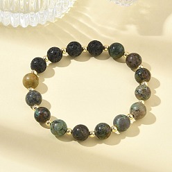 Смешанные камни Эластичные браслеты из натурального лавового камня и африканской бирюзы (яшмы) для женщин и мужчин., круглые, С немагнитным синтетическим гематитом, бусины : 9 мм, внутренний диаметр: 2.01 дюйм (5.1 см)