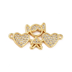 Настоящее золото 18K Латунные соединители звеньев микропаве, прозрачные кубические циркония, девушка с сердцем, реальный 18 k позолоченный, 14.5x27.5x2 мм, отверстие : 1.4 мм