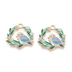 Бирюза Rhinestone сплава и эмали подвески, стойки покрытие, лист и птица, бирюзовые, 24.8x25.2x2.2 мм, отверстие : 2.8 мм