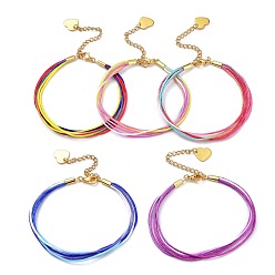 Mixed Color Segment Dyed Polyester Threads Multi-strand Bracelets, with Golden Plated 304 Stainless Steel Heart Charms and Lobster Claw Clasps, Mixed Color, 7-5/8 inch(19.3cm)