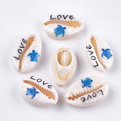 Dodger Blue Printed Cowrie Shell Beads, No Hole/Undrilled, Sea Turtle & Love, Dodger Blue, 18~23x11~14x6.5~8mm