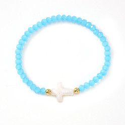 Темно-Голубой Богемные стеклянные бусины, эластичные браслеты, украшения из натуральных ракушек для женщин, крест и рондель, с латунным, глубокое синее небо, 6.89 дюйм (17.5 см)