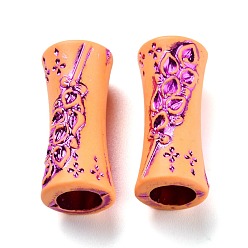 Magenta Plastic Beads, Imitation Wood, Large Hole, For African Braid Reggae Hair Accessories, Tube with Flower, Magenta, 28x12.5mm, Hole: 8mm