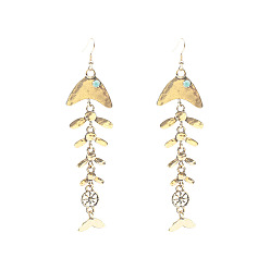Golden Ocean Alloy & Synthetic Turquoise Dangle Earrings, Fishbone, Golden, 100x30mm