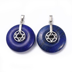 Lapis Lazuli Natural Lapis Lazuli Pendants, for Jewish, with Platinum Tone Brass Findings, Donut/Pi Disc with Star of David, 35.5x30x8.5~9.5mm, Hole: 4.5x6.5mm
