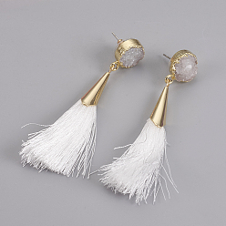 White Tassel Dangle Stud Earrings, with Brass Findings and Dyed Natural Druzy Crystal, White, 72~76mm, Pin: 0.8mm, Pendant: 60~63x7mm