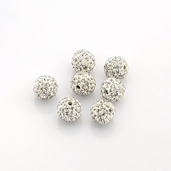 White Grade A  Rhinestone Beads, Pave Disco Ball Beads, Resin and China Clay, Round, White, PP9(1.5.~1.6mm), 8mm, Hole: 1mm