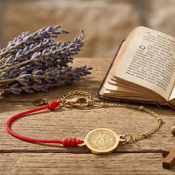 Золотой Латунь ссылка браслеты, 304 Цепочки из нержавеющей стали и браслеты из нейлонового шнура для женщин и мужчин, плоские круглые с святым Бенедиктом, золотые, 6.50 дюйм (16.5 см) ~ 6.69 дюйм (17 см)