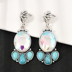 Античное Серебро Серьги-гвоздики из сплава синтетической бирюзы, со стеклом, овальный со слезами, античное серебро, 68.5x26 мм