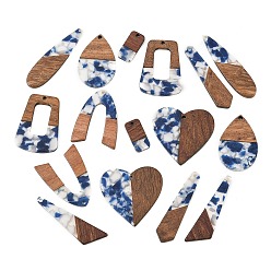 Bleu Pendentifs en bois de noyer et résine transparente, charme de formes mixtes, bleu, 21~52.5x10.5~39.5x3~3.5mm, Trou: 1.8~2mm, environ 16 pcs / ensemble