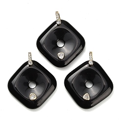 Obsidian Natural Obsidian Pendants, Rhombus Charms, with Brass Pave Cubic Zirconia Findings, Golden, 35~35.5x35~35.5x8~8.5mm, Hole: 5x6mm