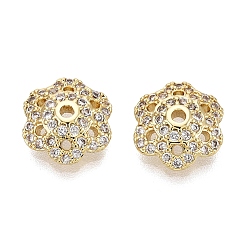 Настоящее золото 18K Колпачки для бусин из прозрачного кубического циркония из латуни, цветок, реальный 18 k позолоченный, 10x9x3.5 мм, отверстие : 1.2 мм