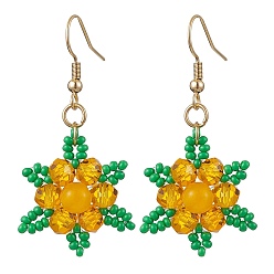 Малайский Нефрит Серьги из натурального малайзийского нефрита, со стеклянными бусинами и 304 швензами из нержавеющей стали, цветок, 49.5x23 мм