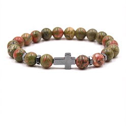 Unakite 8mm runde, natürliche Unakit-Perlen-Stretcharmbänder mit synthetischem, nichtmagnetischem Hämatit-Kreuz, 7.48 Zoll (19 cm)
