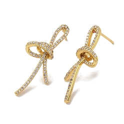 Real 18K Gold Plated Brass Stud Earrings, Cubic Zirconia Cadmium Free & Lead Free, Bowknot, Real 18K Gold Plated, 32x14.5mm
