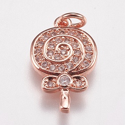 Rose Gold Brass Micro Pave Cubic Zirconia Charms, Lollipop, Rose Gold, 15x10x2mm, Hole: 2mm
