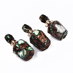 Medium Sea Green Assembled Synthetic Bronzite and Imperial Jasper Openable Perfume Bottle Pendants, with Light Gold Brass Findings, Dyed, Medium Sea Green, Capacity: 1ml(0.03 fl. oz), 41~42x17~18x17~18mm, Hole: 1.8mm