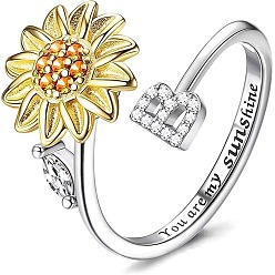 Letter B Регулируемые вращающиеся манжеты из латуни со стразами, письмо и подсолнух, Словом ты мое солнышко, Кольцо-спиннер для успокоения беспокойства, медитации, платина и светлое золото, В письме, внутренний диаметр: 15~20 мм