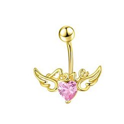 Pink 304 изогнутые кольца для живота с подвеской из нержавеющей стали и кубическим цирконием, сердце с крыльями ангела, золотые, розовые, длина стержня: 3/8"(10мм), штифты : 1.2 мм