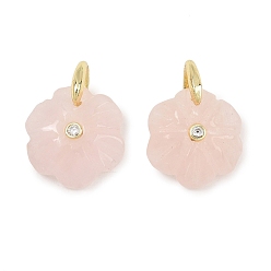 Rose Quartz Natural Rose Quartz Pendants, Flower Charms with Brass Micro Pave Cubic Zirconia Findings, Golden, 16.5~17x15~16x4.5~5.5mm, Hole: 4.4x4mm
