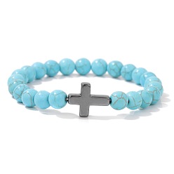 Синтетическая Бирюза Синтетические бирюзовые браслеты простирания, с крестиками из синтетического гематита, периметр: 7-1/2 дюйм (19 см)
