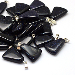 Blue Goldstone Trapezoid Synthetic Blue Goldstone Pendants, with Platinum Tone Brass Findings, 24~25.5x16.5~17x5~6mm, Hole: 2x7mm