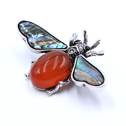 Carnelian Natural Red Agate Brooches, with Shell and Rhinestone, Insect, 36x60mm