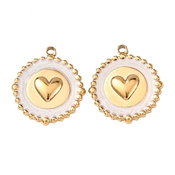 Белый 304 подвески из нержавеющей стали, с эмалью, плоские круглые и сердечные подвески, реальный 18 k позолоченный, ионное покрытие (ip), белые, 20x18x2.5 мм, отверстие : 1.5 мм