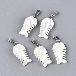 Морская Ракушка Подвески из натуральных ракушек trochus, Очарование рыб, с железом оснастки на поруки, платина, цвет морской раковины, 22~23x11x4~5 мм, отверстие : 6.5x2.5 мм