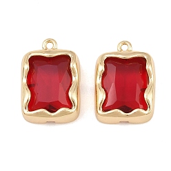 FireBrick Brass Glass Pendants, Rectangle Charms, Faceted, Golden, FireBrick, 19x13x5mm, Hole: 1.4mm