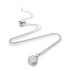 Letter I Brass Initial Pendant Necklaces, with Shell, Cubic Zirconia and 304 Stainless Steel Cable Chains, Flat Round with Letter, Letter.I, 17.5 inch(44.5cm), 1.5mm