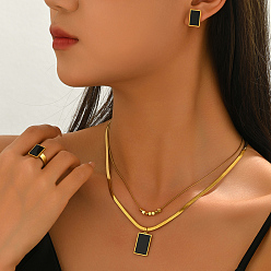 Черный Прямоугольные серьги из нержавеющей стали и пластика, а также двухслойные ожерелья и кольца в комплекте для женщин., золотые, чёрные, ожерелья: 16.34 дюйм (41.5 см)