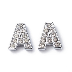 Letter A Alloy Initial Slide Charms with Grade A Rhinestones, Lead Free & Nickel Free, Platinum, Letter.A, 12~13x8~13x4~5mm, Hole: 8x2mm