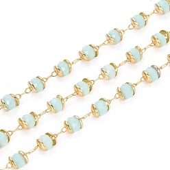 Бледно-бирюзовый Ручной цепи стекло бисером, с латунной фурнитурой , долговечный, рондель, граненые, пайки, золотые, бледные бирюзовая, 4 мм, около 32.8 футов (10 м) / рулон