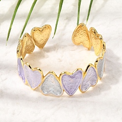 Lila 304 Brazaletes abiertos de acero inoxidable esmaltado con forma de corazón para mujer, dorado, Recubrimiento al vacío PVD, lila, diámetro interior: 1.81~2.17 pulgada (4.6~5.5 cm)